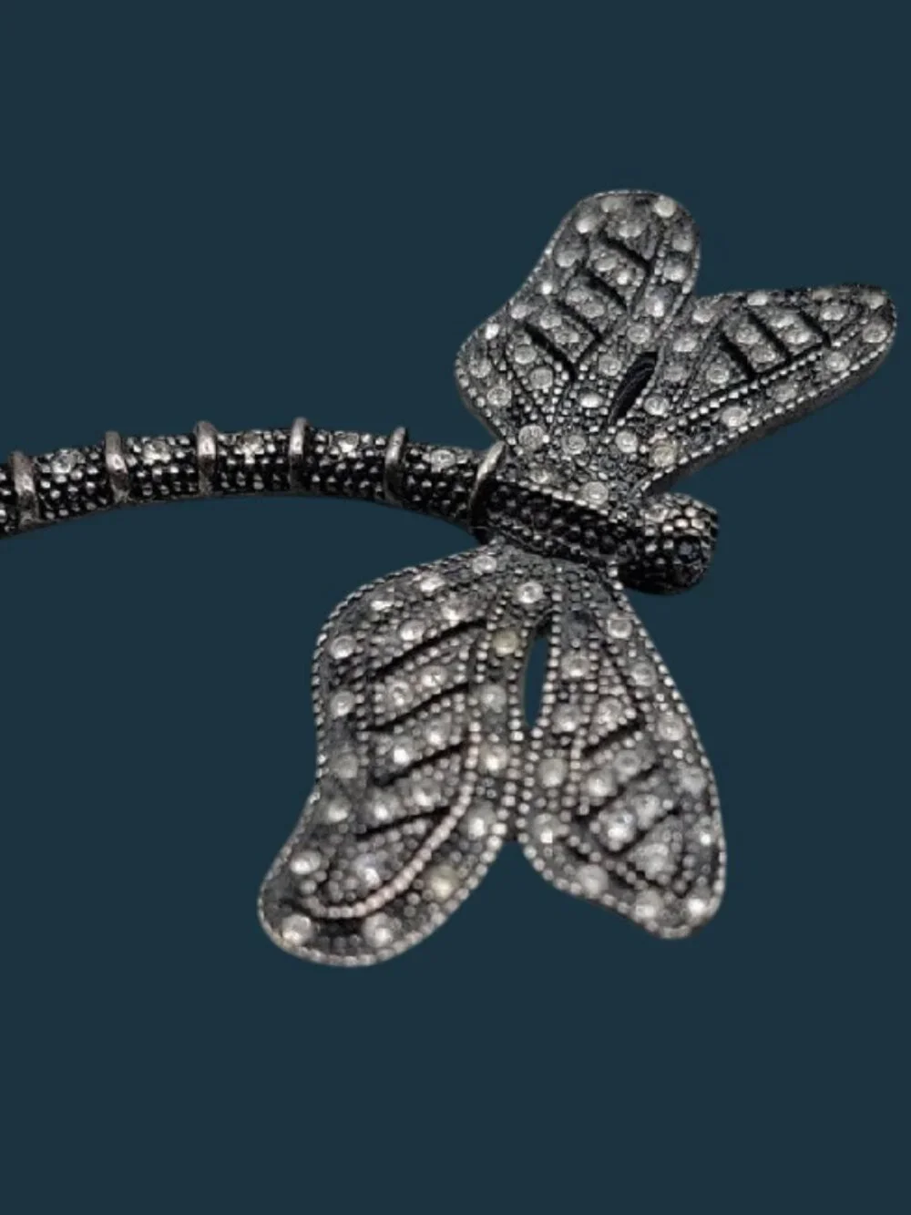 Vintage Art Deco Silvertone Marcasite Rhinestone Dragonfly Brooch Black Metal
